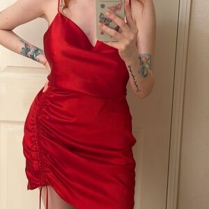 Zara Red Satin Ruched Slip Dress